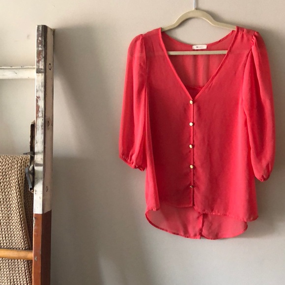 Everly Tops - EVERLY SHEER CORAL BLOUSE WITH GOLD PEARL BUTTONS